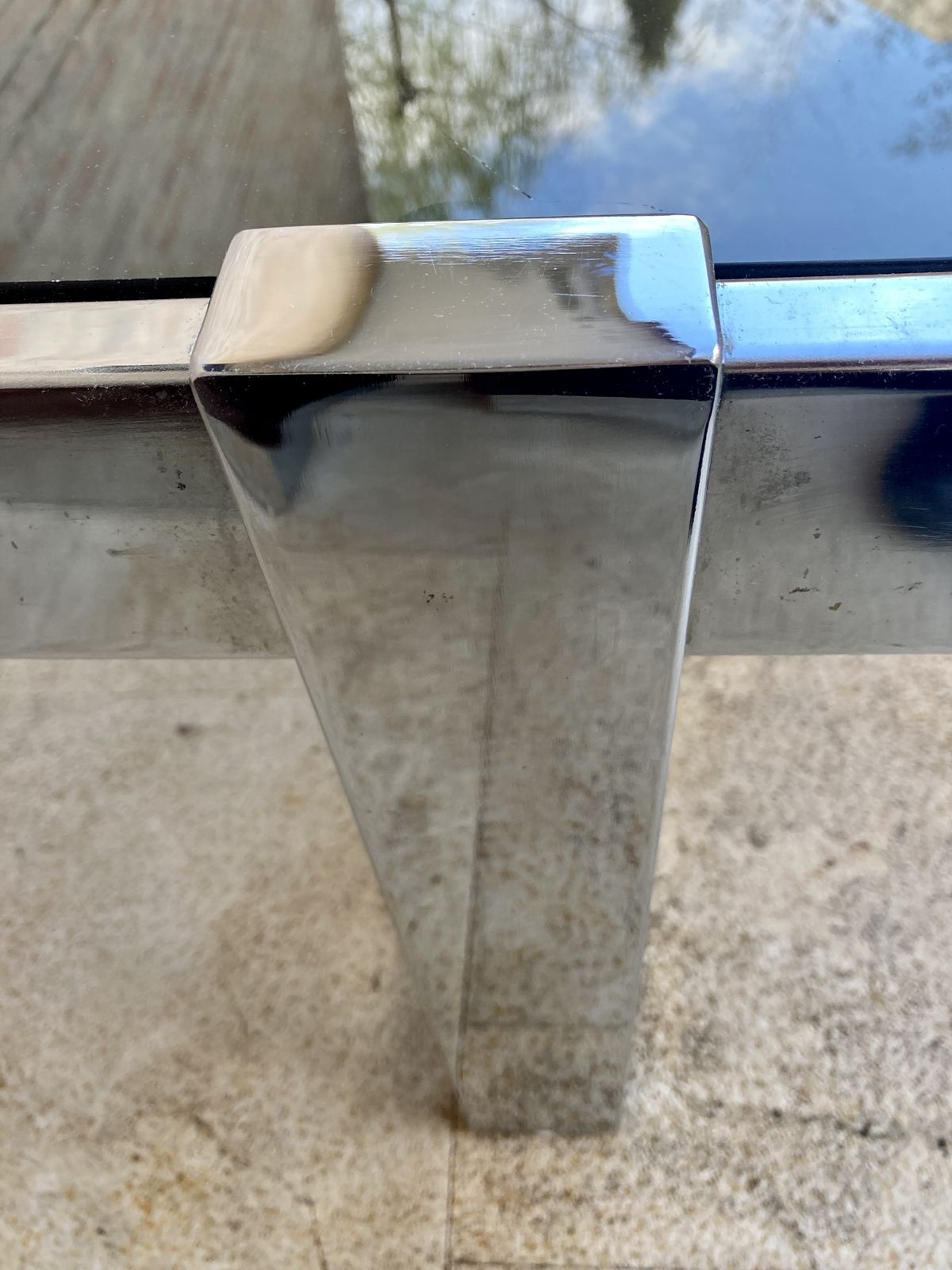 photo for sale Square Smoked Glass And Steel Coffee Or Side Table With Four Nesting Stools, 1970s, Set Of 5