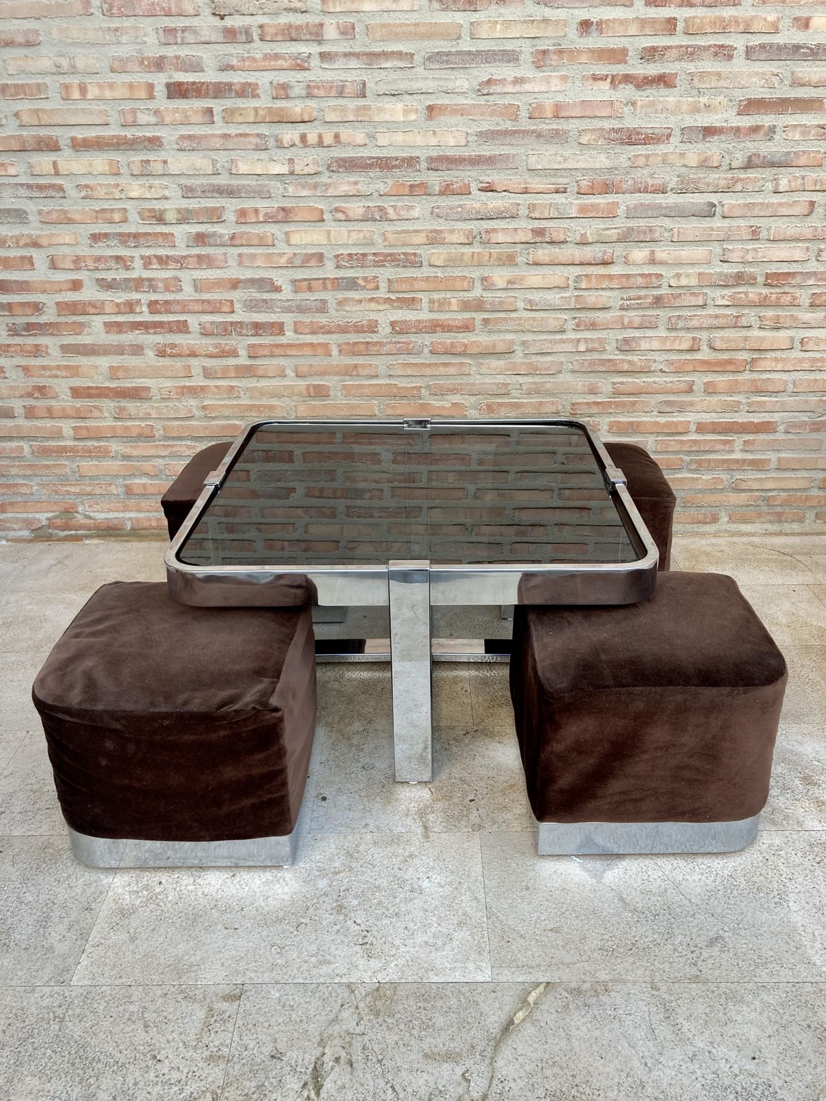 Square Smoked Glass And Steel Coffee Or Side Table With Four Nesting Stools, 1970s, Set Of 5