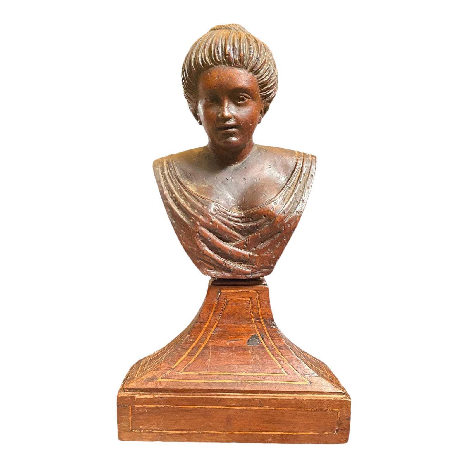 Italian Wooden Sculpture Of A Mid 19th Century Woman's Bust With Purfled Base.