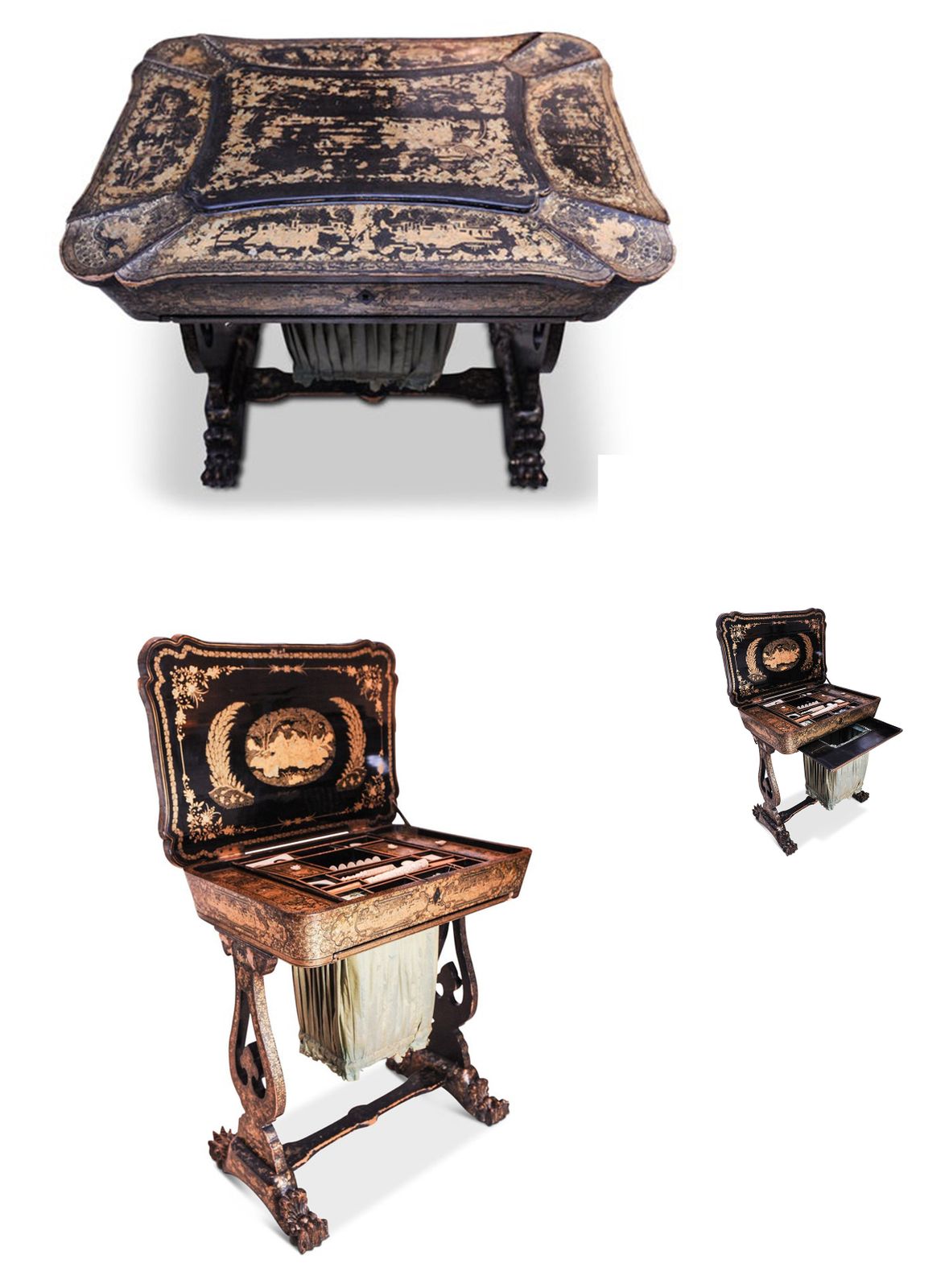 photo furniture 1790s Regency China Export Qing Period Chinoiserie Hand Painted Lacquered Sewing Table With Original Bone & Ivory Bobbins Ol