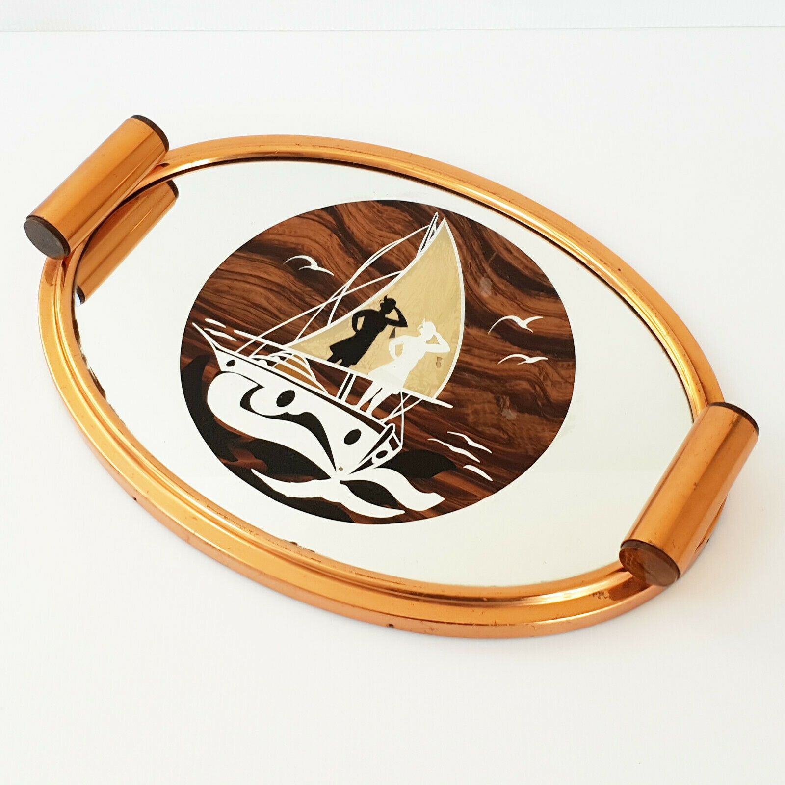 French Art Deco Marine Tray 1920 1930 In Wood & Metal With 20s Boat Decoration