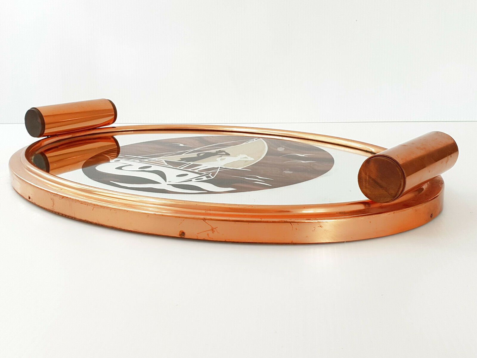 French Art Deco Marine Tray 1920 1930 In Wood & Metal With 20s Boat Decoration photo for sale