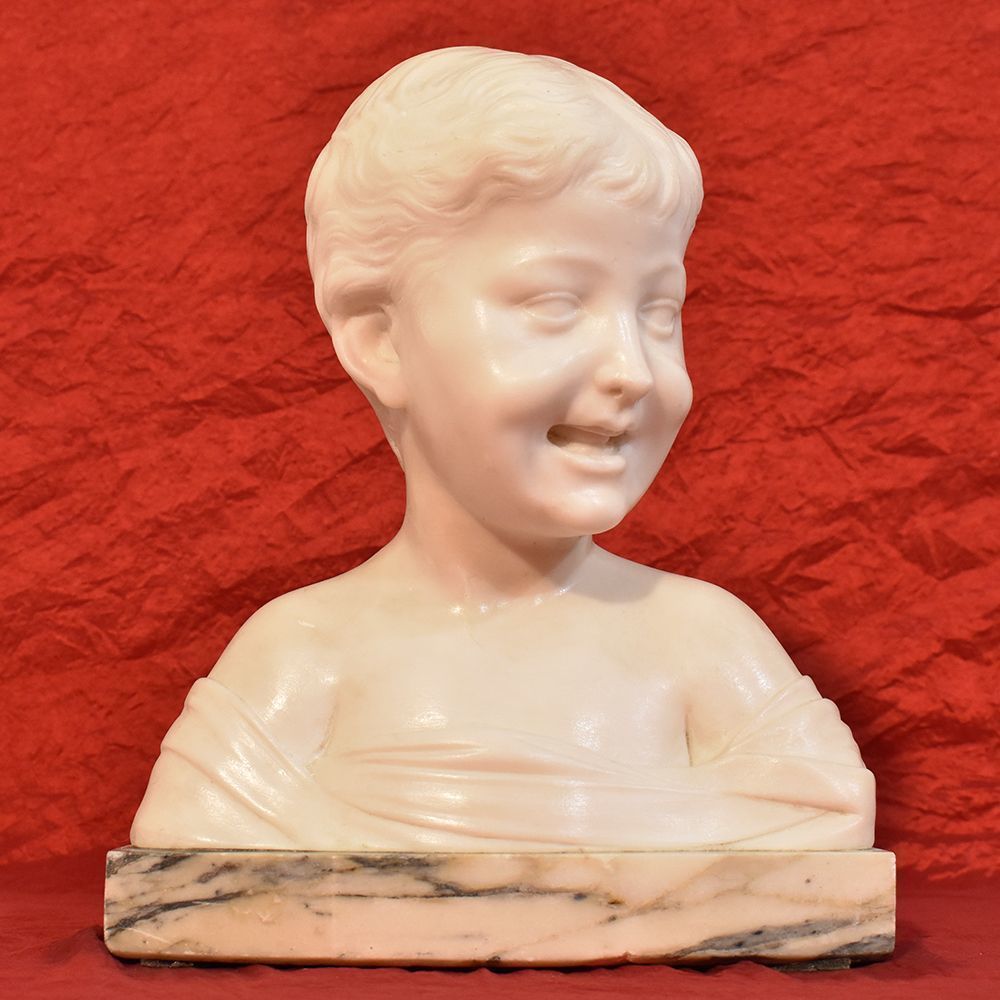 Antique Marble Statues, Bust Of Child Sculpture, Italian Sculptor, Signed Pugi, XIX Century. (Stma44)