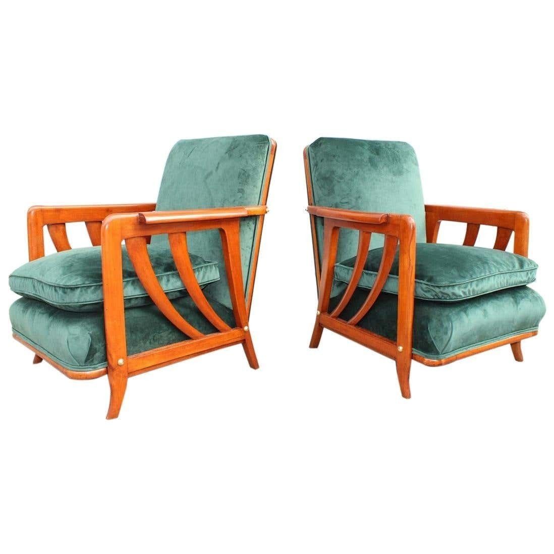 Pair Of Midcentury Italian Paolo Buffa Armchairs Cherry Velvet Green, 1950s