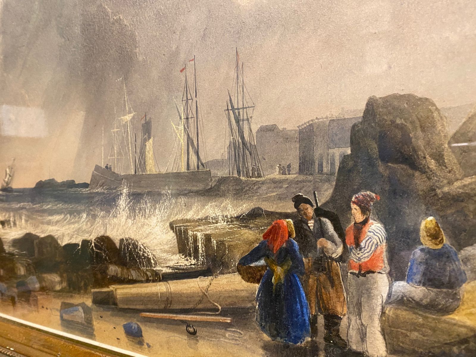 Watercolour Painting   Coastal Scene With Fishermen Talking By Stormy Coast photo for sale