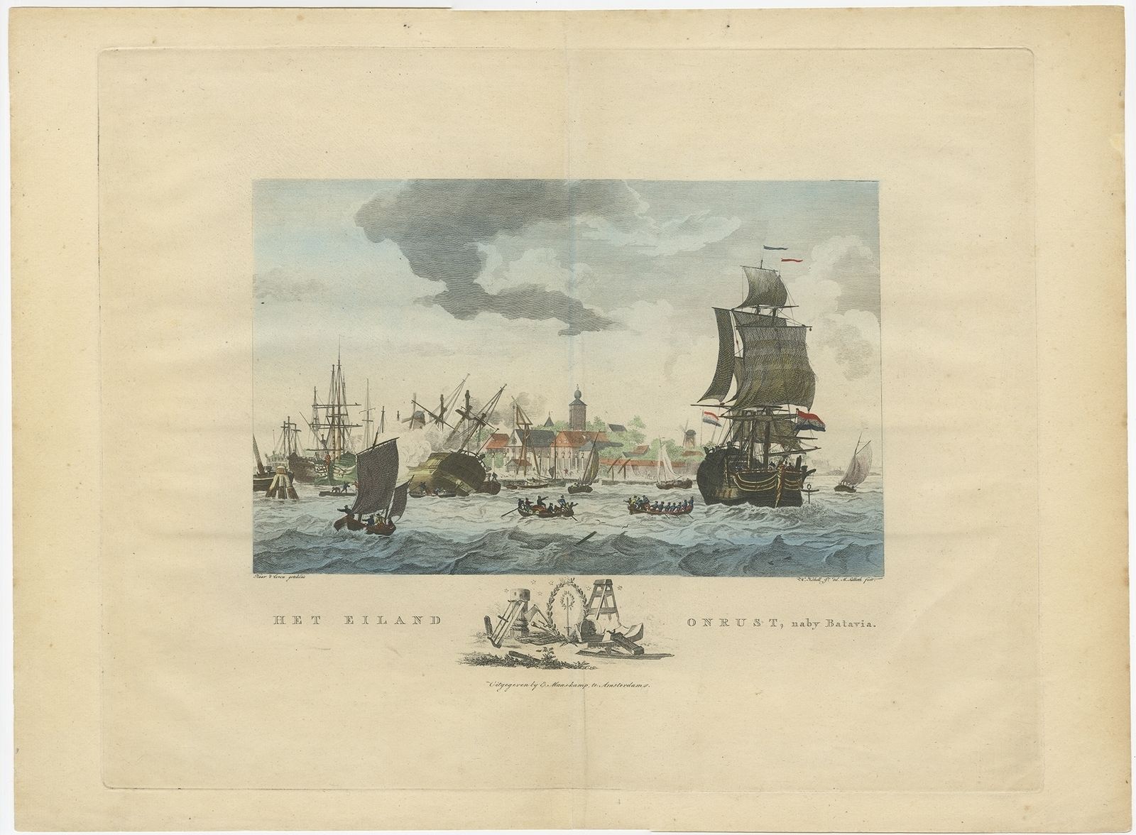 Antique Print Of Ships Near Onrust Island By Maaskamp (C.1805)