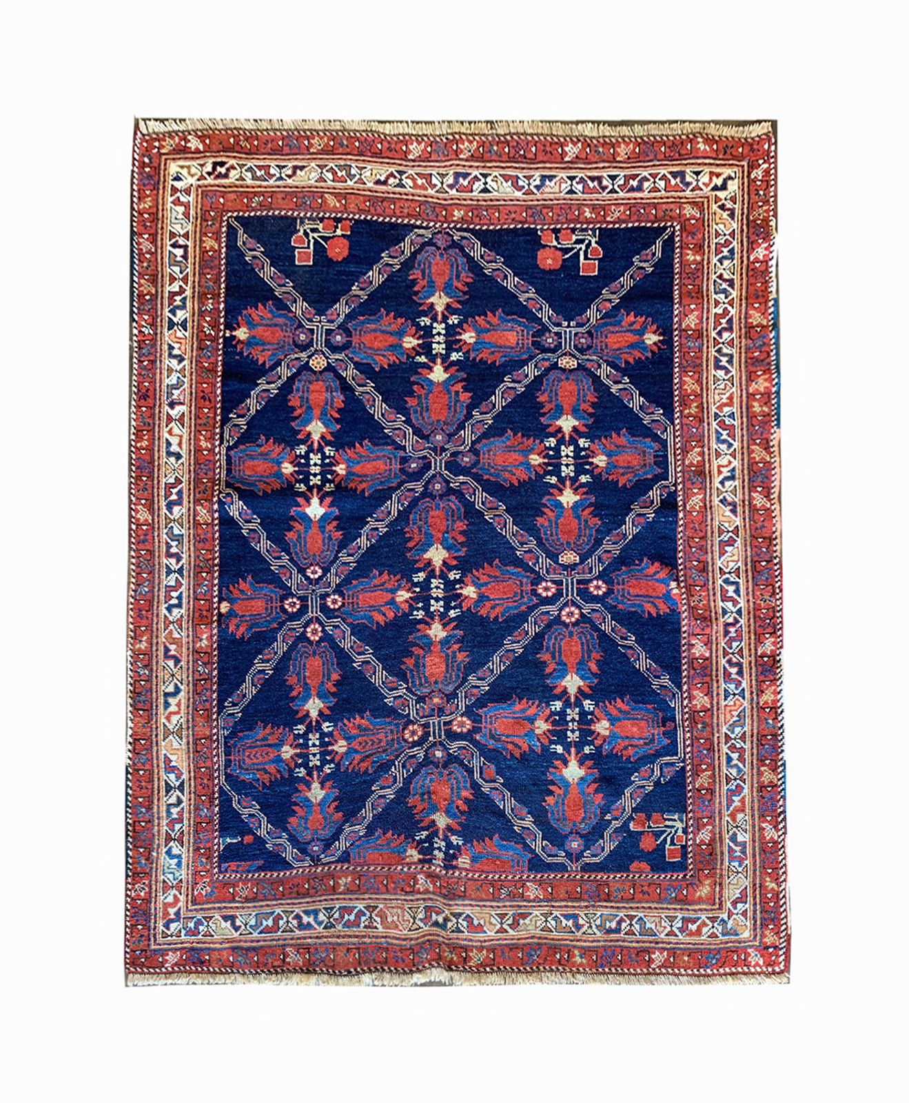 Antique Rugs Handmade Carpet Azerbaijan Blue Wool Rug 131x165cm