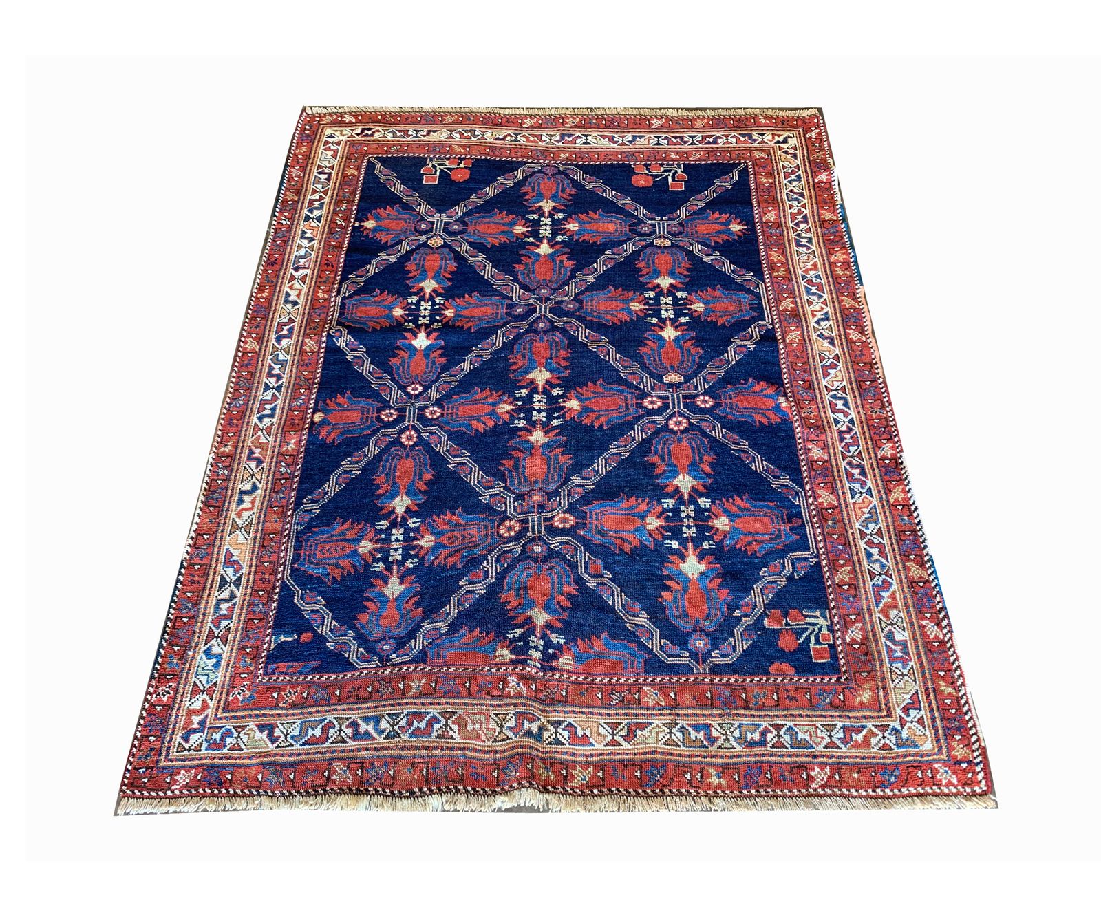Antique Rugs Handmade Carpet Azerbaijan Blue Wool Rug 131x165cm photo Textiles