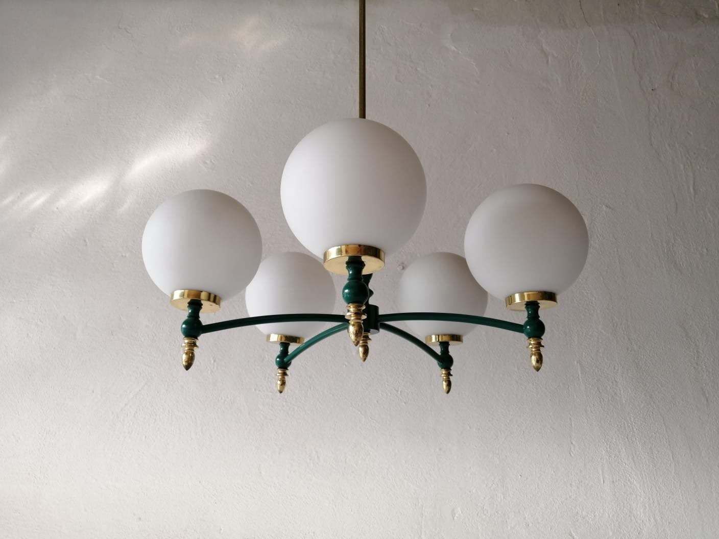 Exceptional Opal Glass Atomic Balls & Green Metal And Brass Body 5 Armed Chandelier   1970s Germany