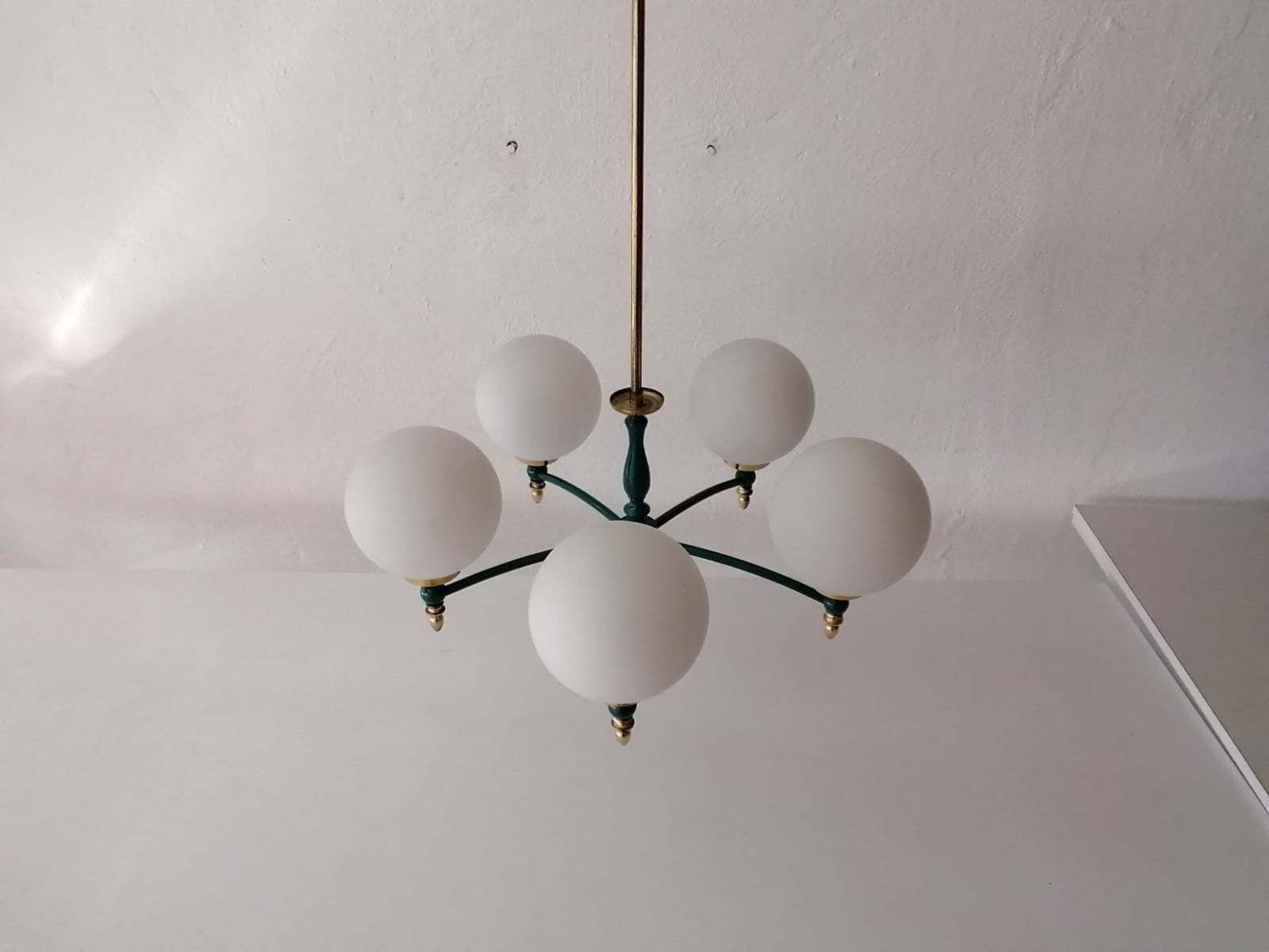 Exceptional Opal Glass Atomic Balls & Green Metal And Brass Body 5 Armed Chandelier   1970s Germany photo for sale