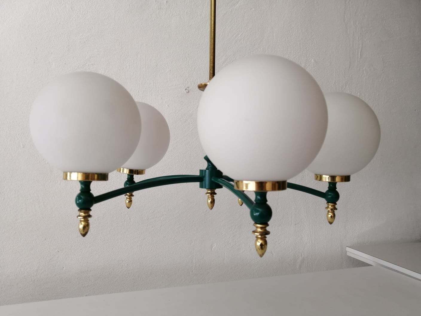 Exceptional Opal Glass Atomic Balls & Green Metal And Brass Body 5 Armed Chandelier   1970s Germany photo Lighting