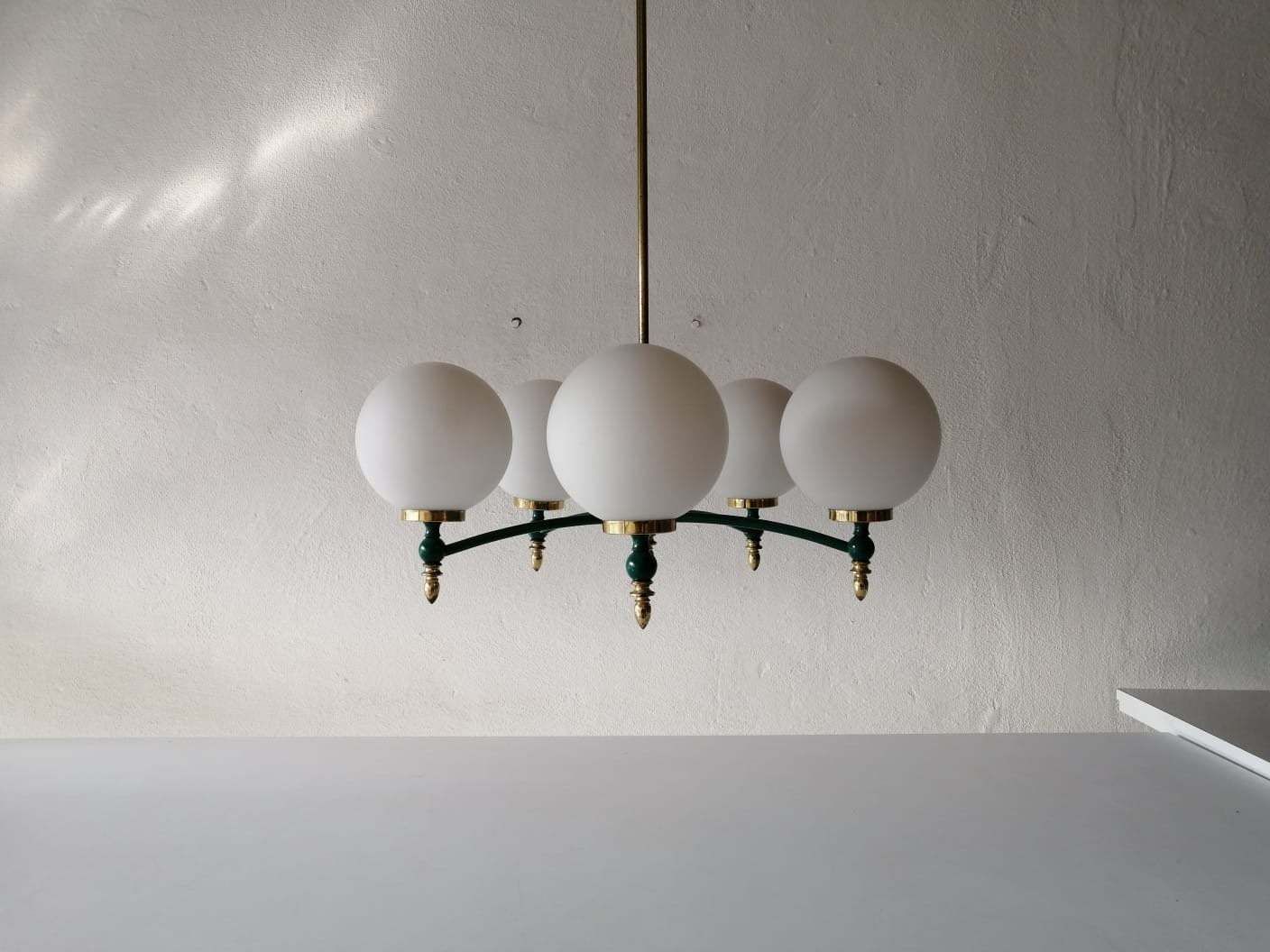Exceptional Opal Glass Atomic Balls & Green Metal And Brass Body 5 Armed Chandelier   1970s Germany photo 1553.72