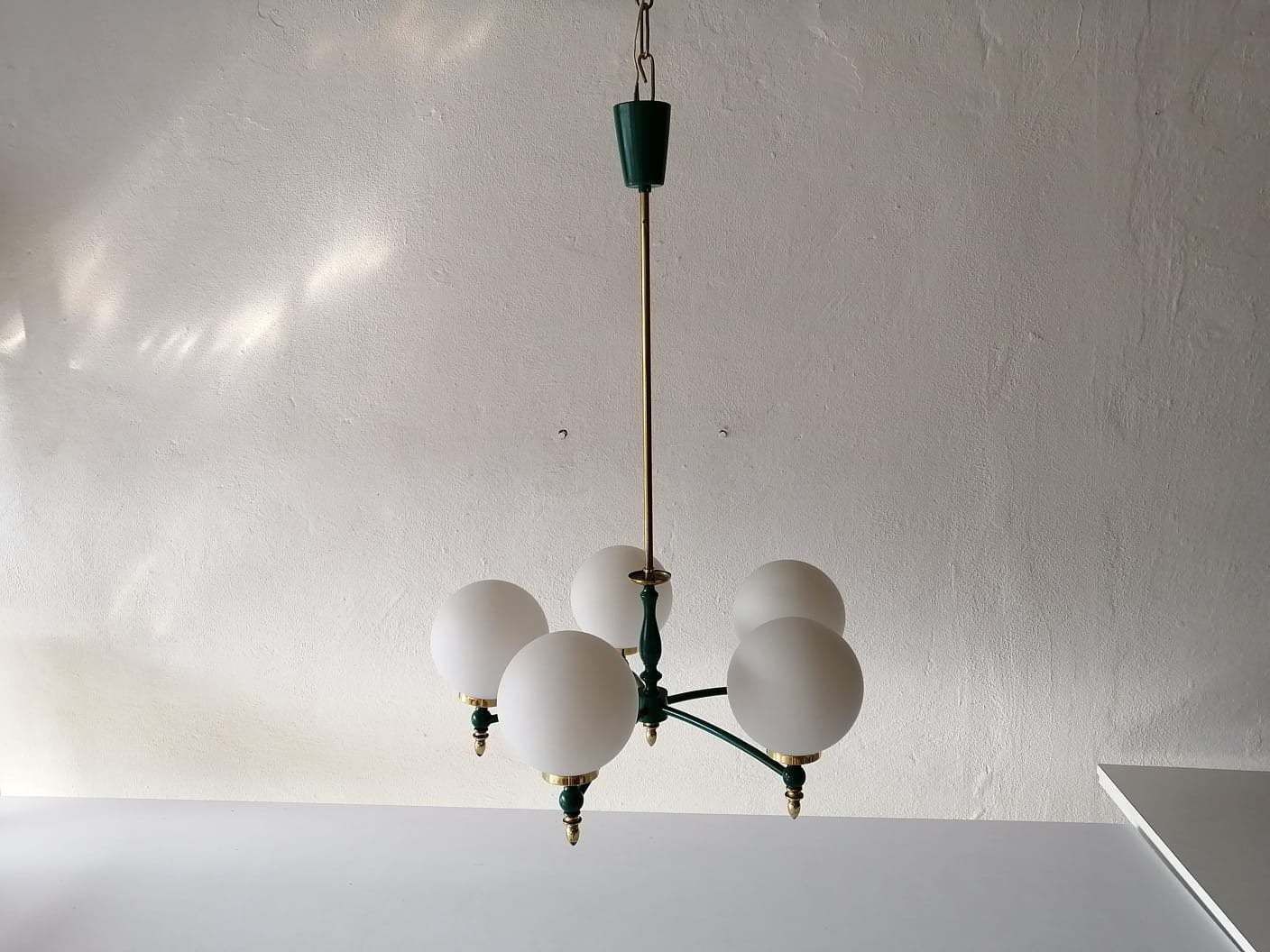 photo furniture Exceptional Opal Glass Atomic Balls & Green Metal And Brass Body 5 Armed Chandelier   1970s Germany