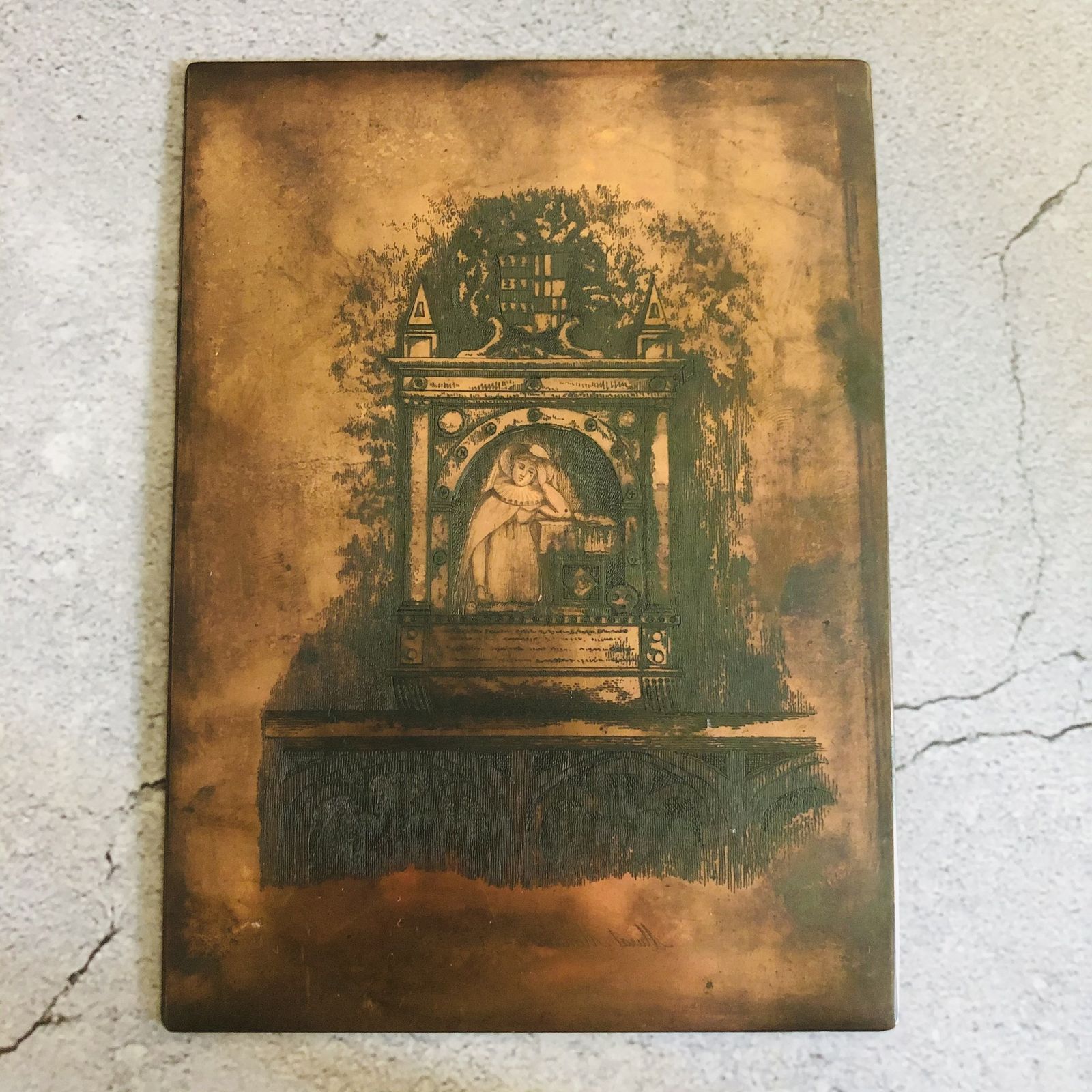 Antique Etched Copper Printing Plate Monument To Anne Wylde In Tong Church In Salop
