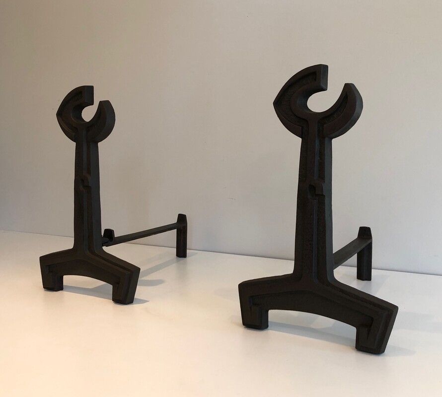 Pair Of Cast Iron And Wrought Iron Flat Key Andirons. French. Circa 1950 photo for sale
