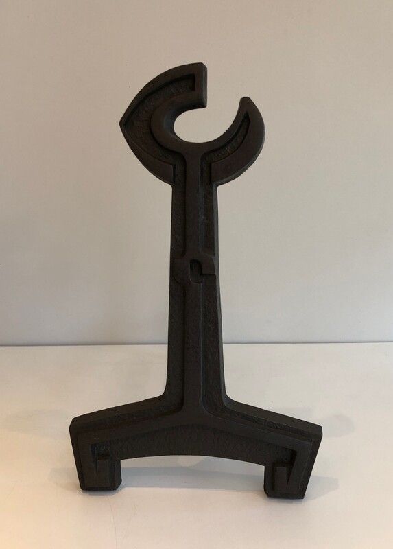 Pair Of Cast Iron And Wrought Iron Flat Key Andirons. French. Circa 1950 photo vinterior