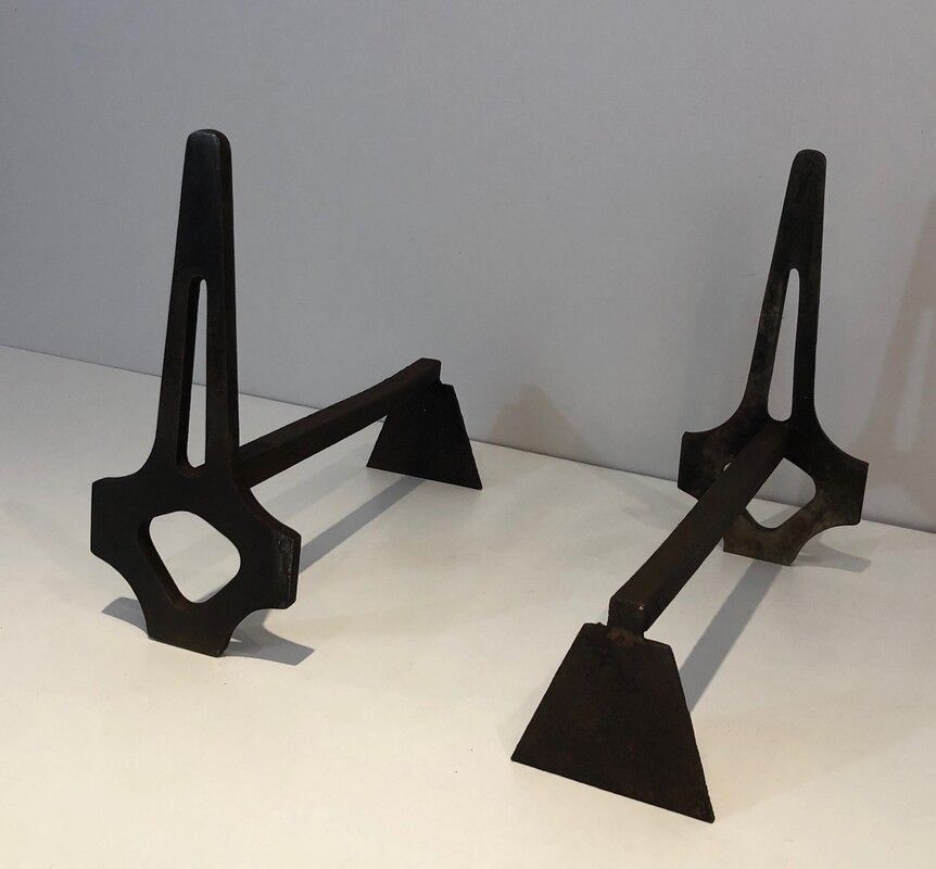 Pair Of Modernist Steel And Wrought Iron Andirons. French. Circa 1970 photo Home Fixtures