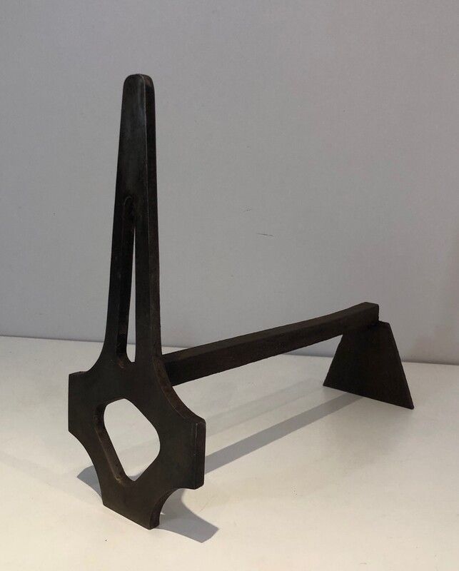 Pair Of Modernist Steel And Wrought Iron Andirons. French. Circa 1970 photo vinterior