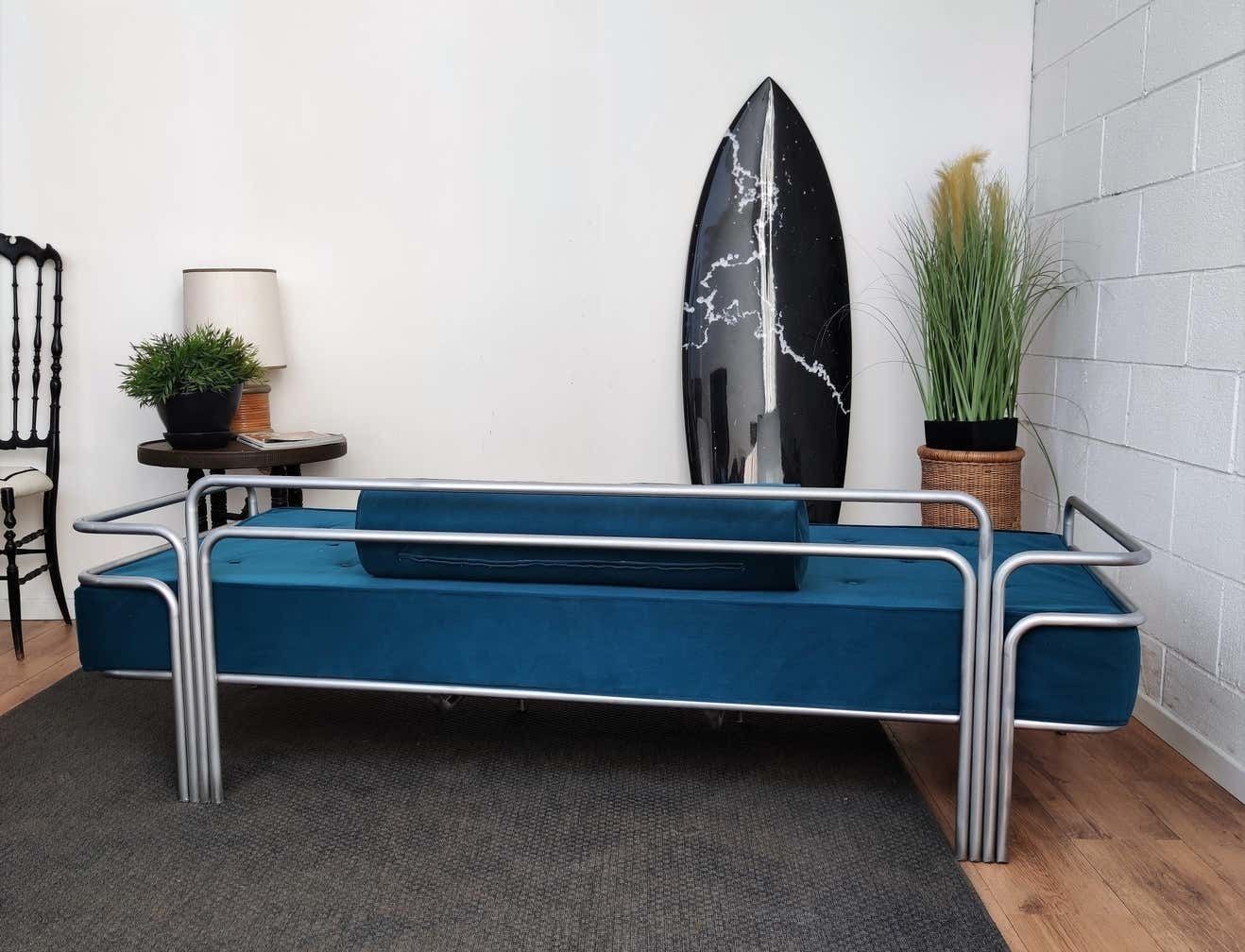 1960s Italian Steel And Tufted Velvet Blue Re Upholstered Sofa Or Daybed photo Furniture