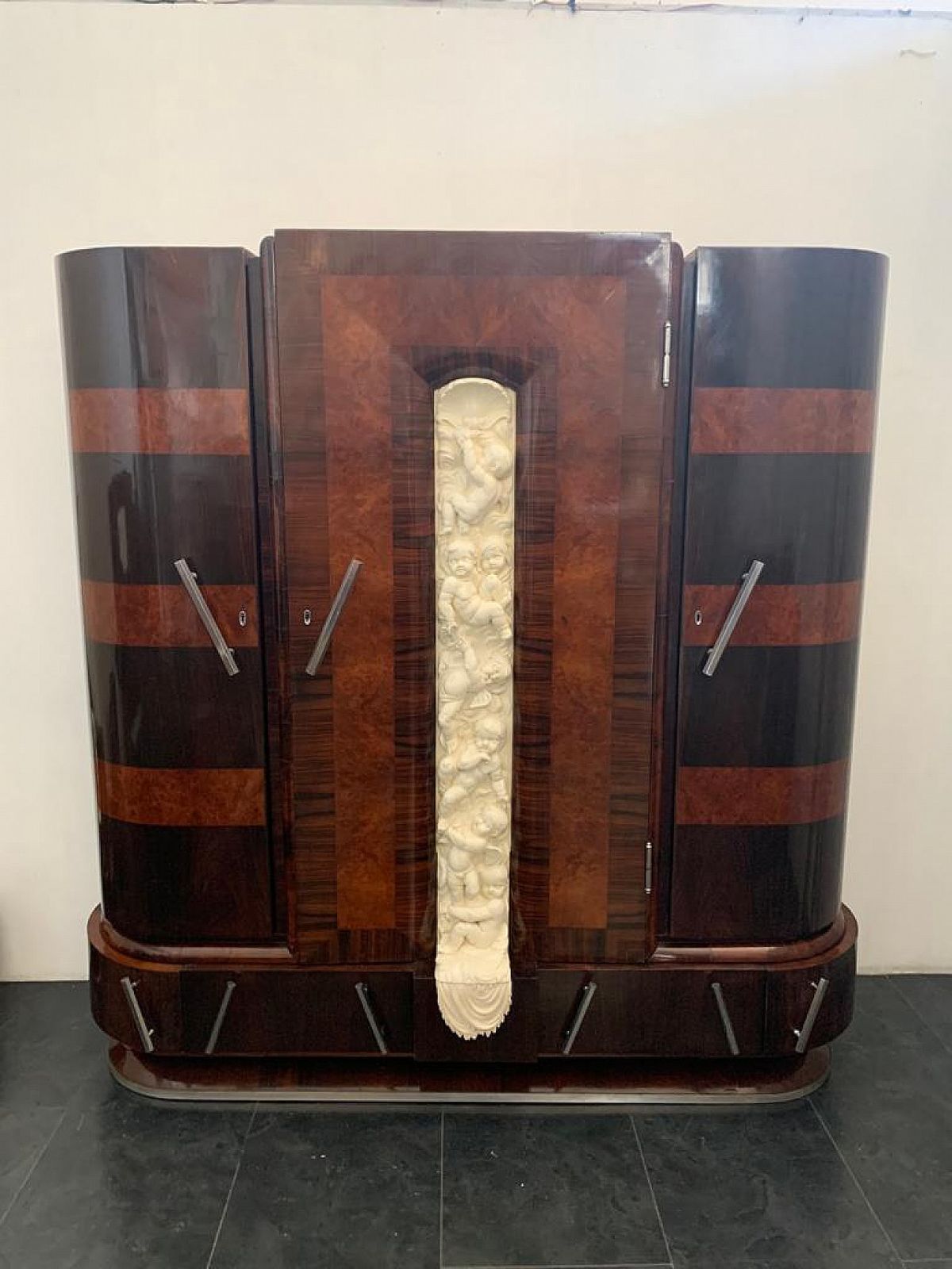Closet In Carved Walnut And Rosewood With Lacquered Front By Ducrot, 1920s