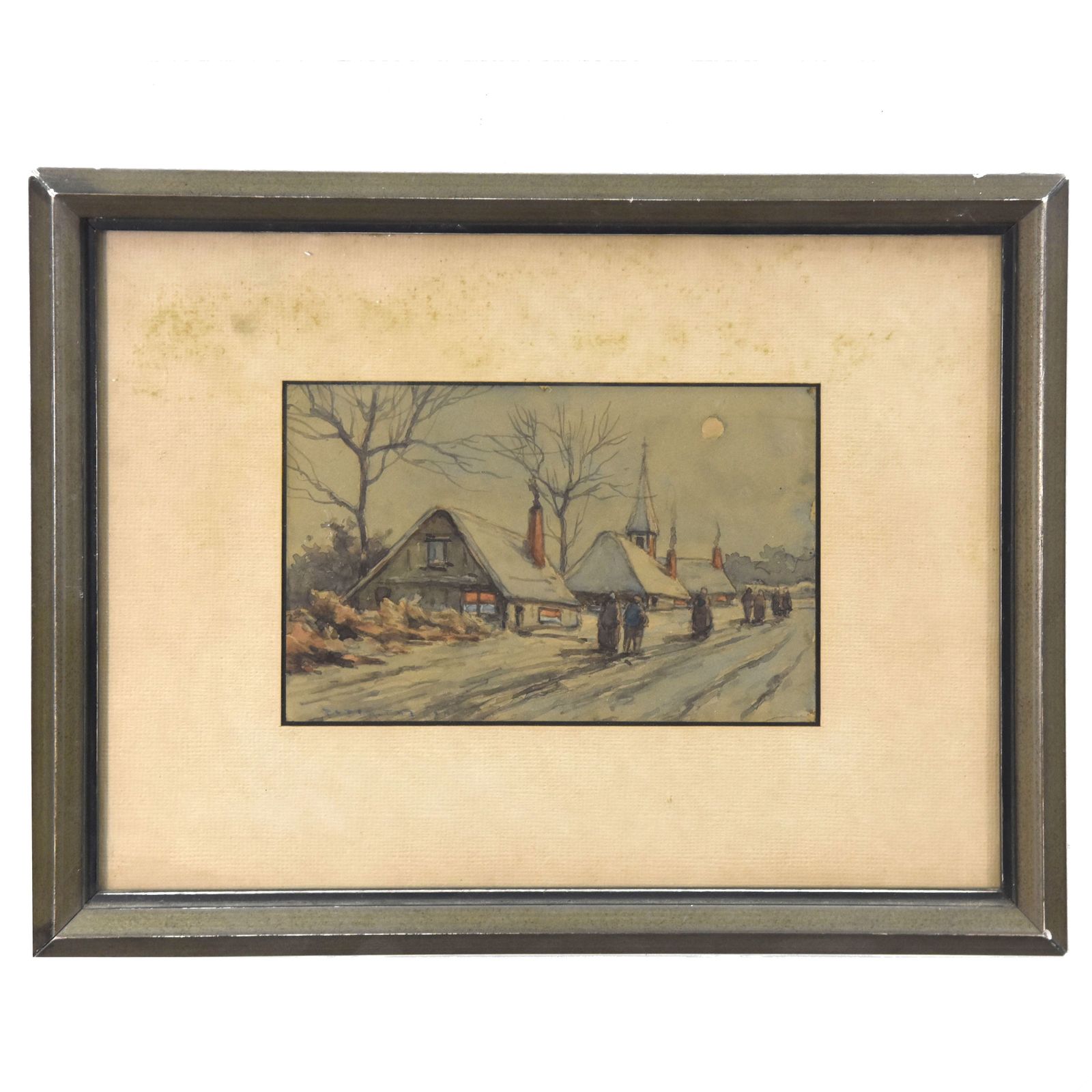 Watercolor Drawing End Of The 19th Century Snow Covered House And Characters