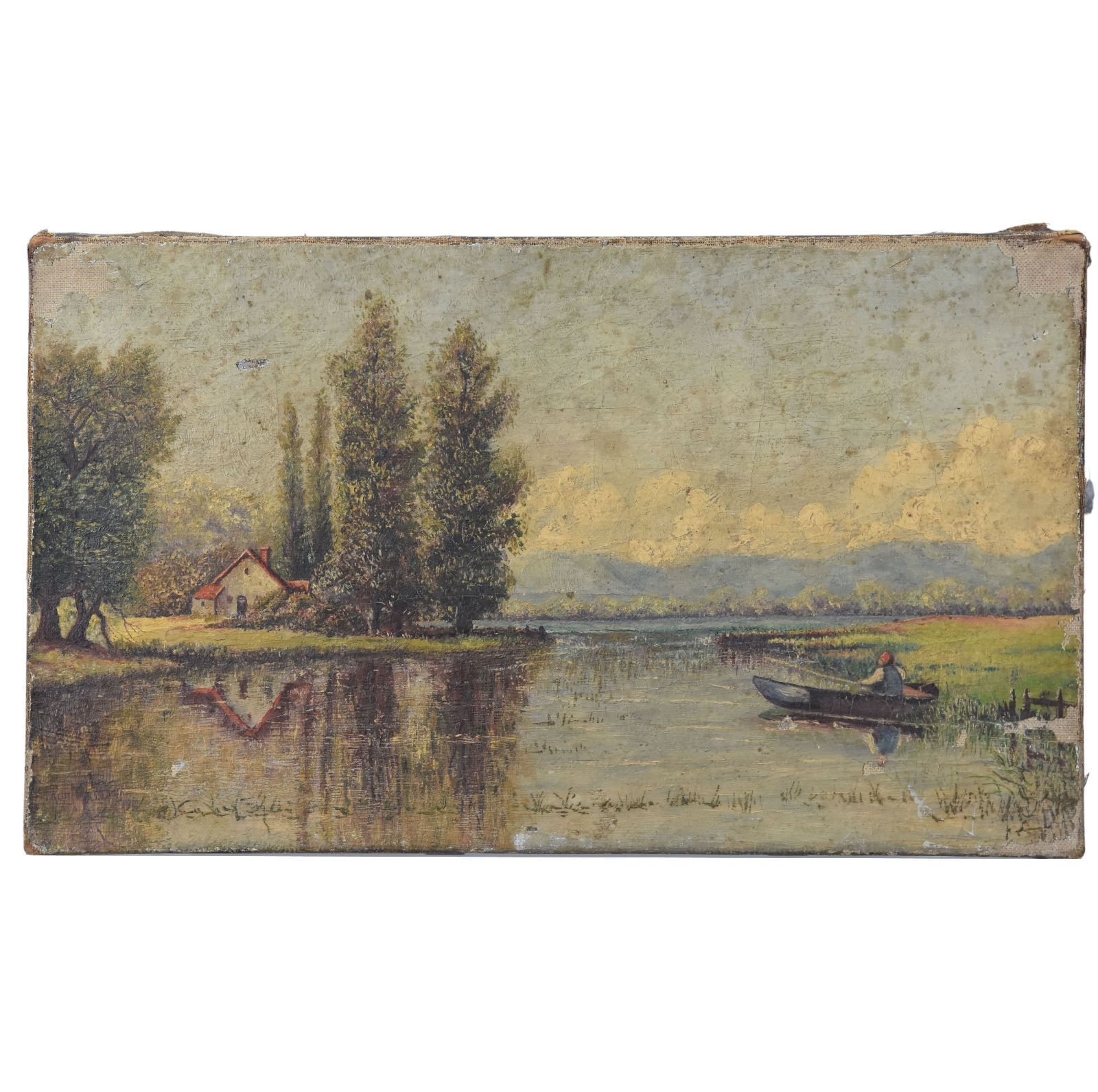 Oil Painting On Canvas Lake Scene House At The Water's Edge 19th