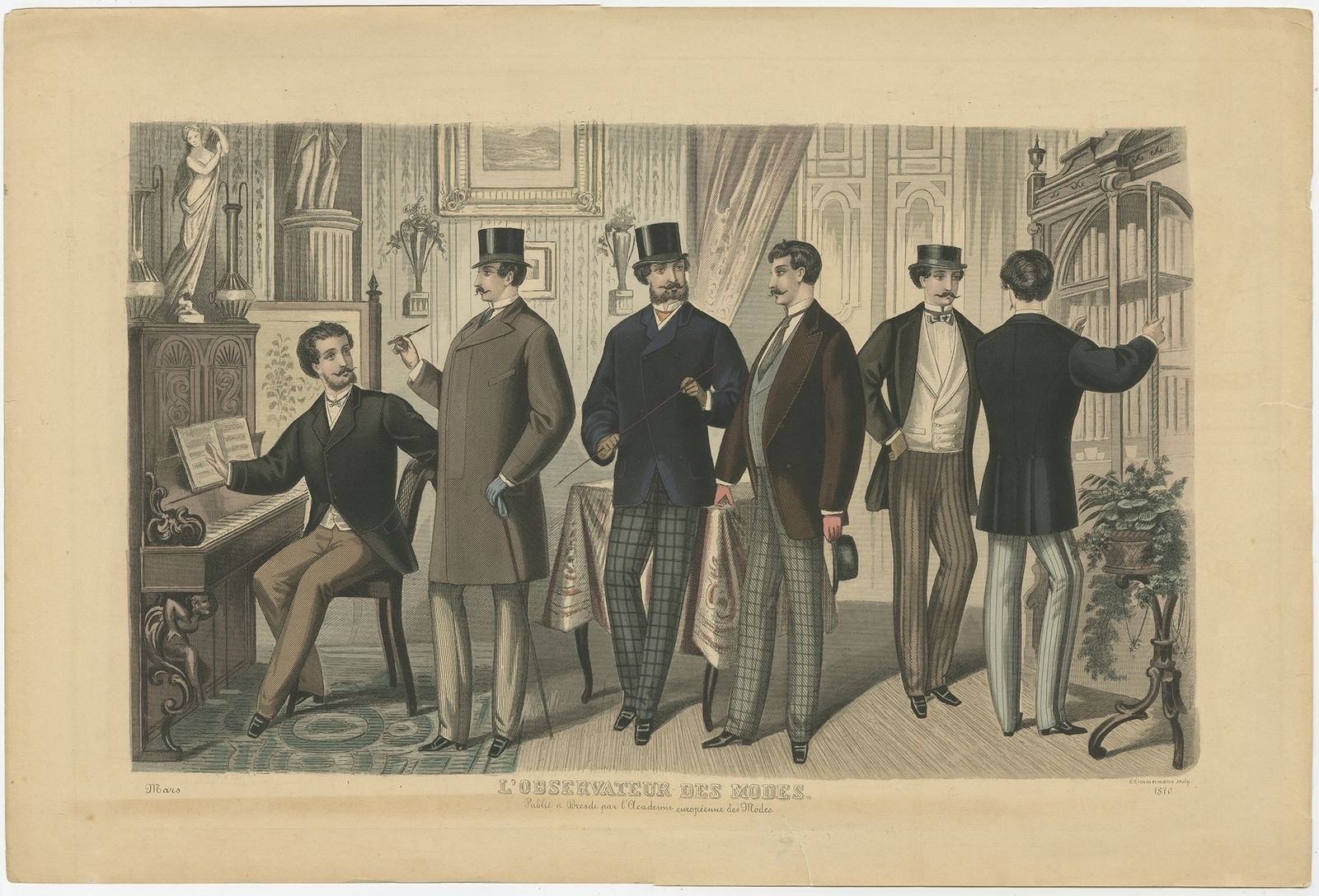 Antique Print Of Men's Fashion In March By Zimmermann (1870)