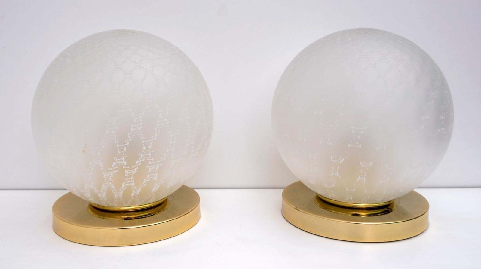 Pair Of Mid Century Modern Italian Brass And Murano Glass Ball Table Lamps, 70s photo buy