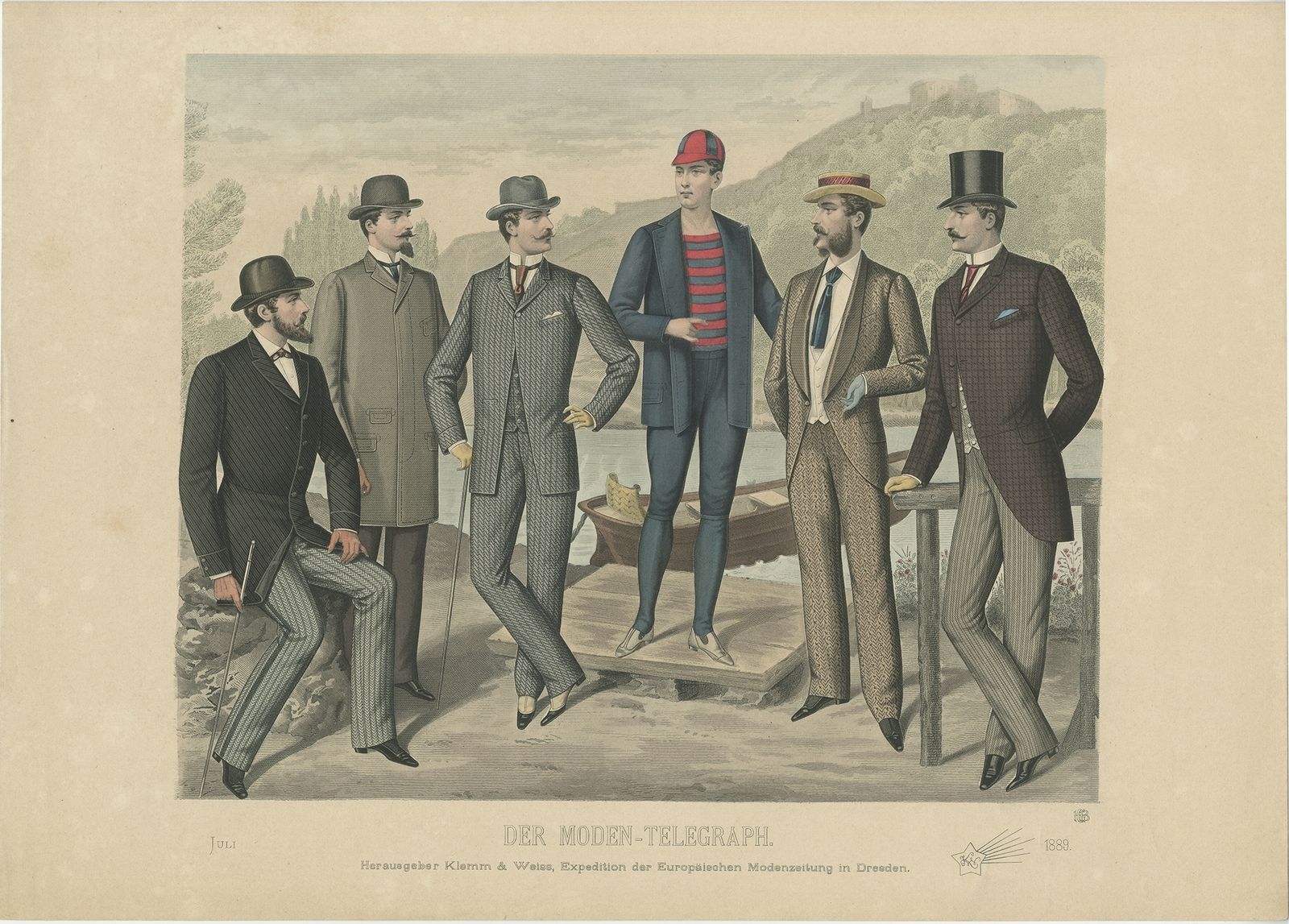 Antique Print Of Men's Fashion In July 1889 By Klemm & Weiss (C.1900)