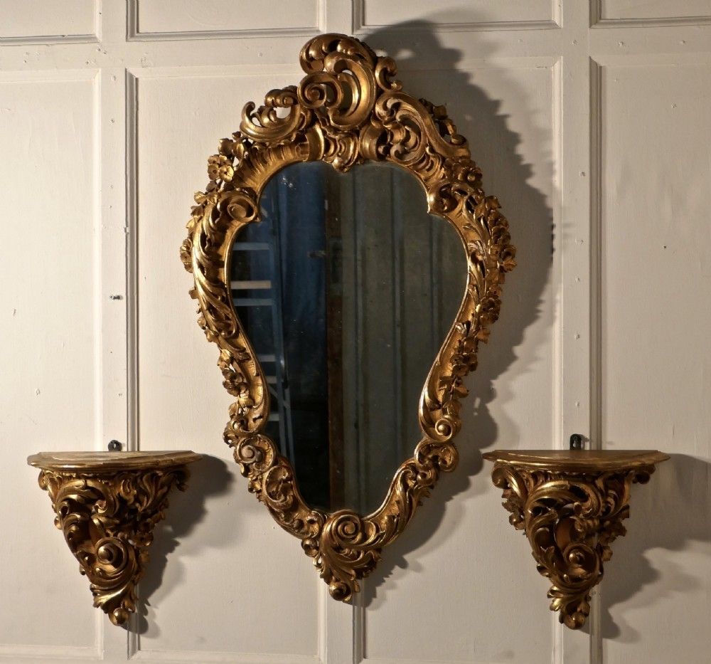 Home Decor Large 19th Century French Rococo Gilt Console Mirror And Wall Brackets Set photo