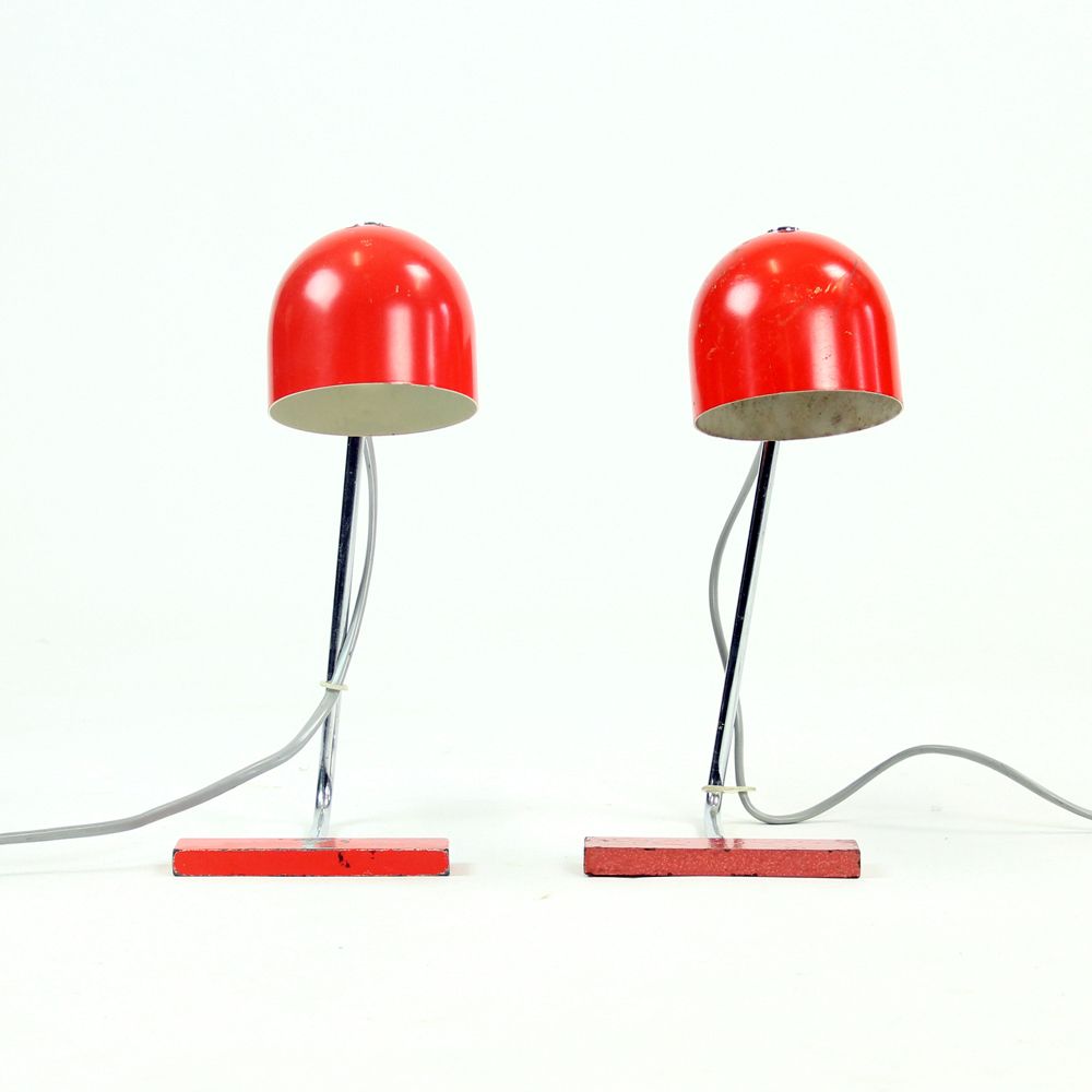 Pair Of Red Metal & Chrome Table Lamps By Josef Hurka For Napako Circa 1960 photo 410.0