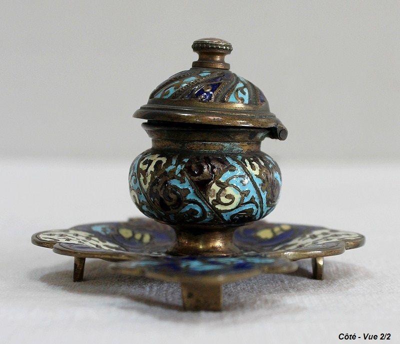 photo vinterior Small Inkwell In Bronze And Cloisonné Enamels   Nineteenth