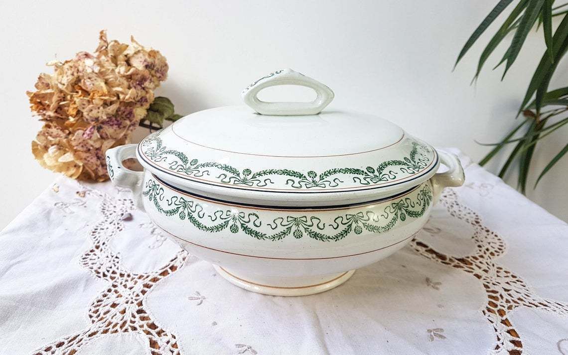 Saint Amand Soup Tureen "5006" Iron Earth Tureen Blue Green Decor ~ Old Dish ~ French Antique Transferware photo furniture