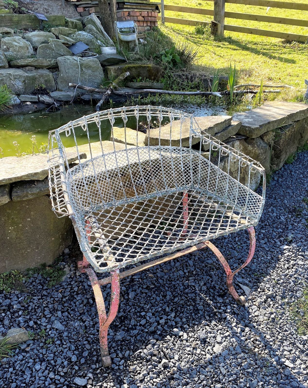 A Rare 1920s Wirework Garden Seat With Scroll Wrought Iron Feet photo Garden Furniture