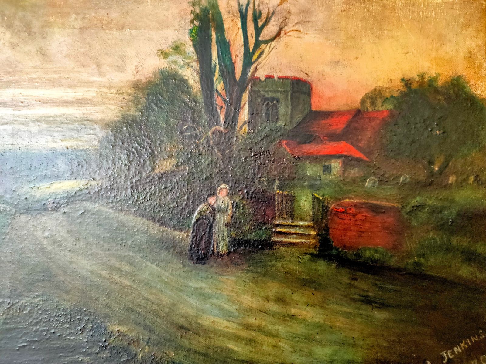 Oil Painting   'A Country Lane By A Church' Signed A Jenkins photo furniture