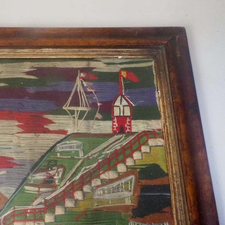 Wool Work Embroidery Or "Woolie" Of British Naval Ships Circa 1860 photo for sale