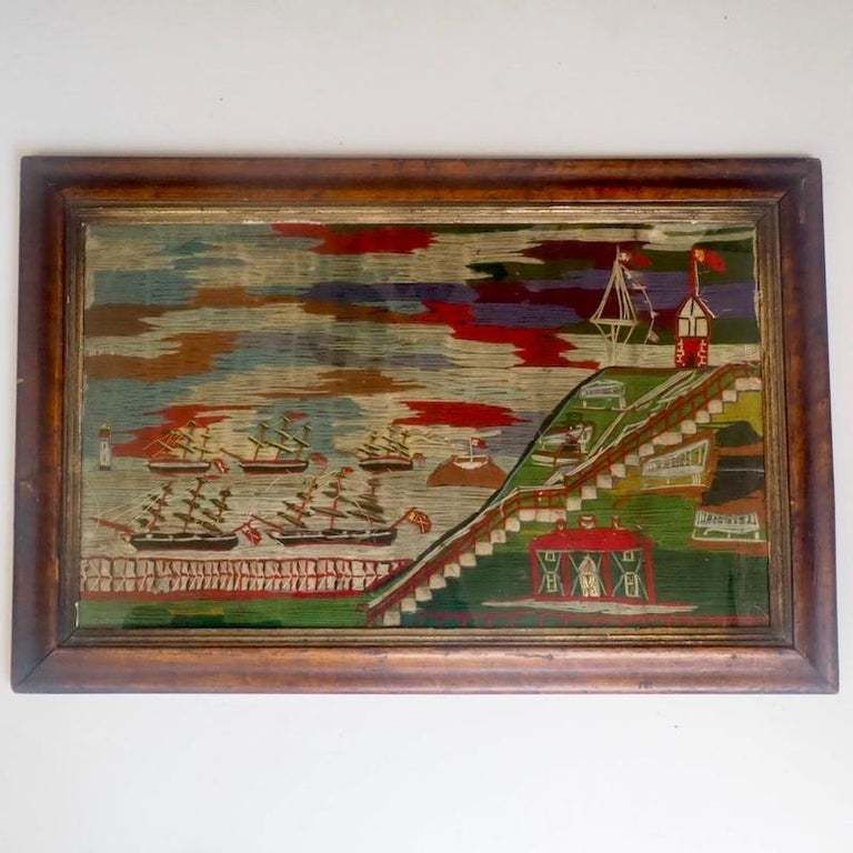 Wool Work Embroidery Or "Woolie" Of British Naval Ships Circa 1860