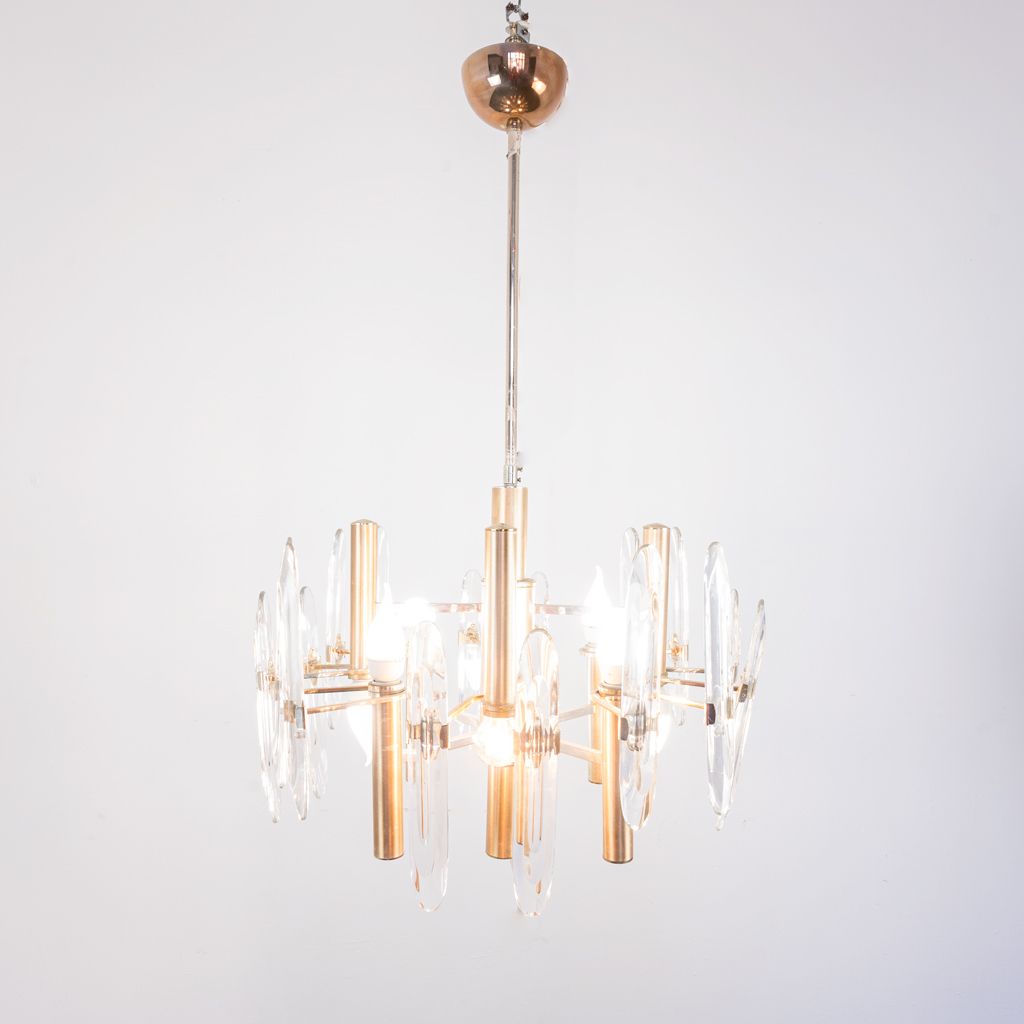 Six Light Golden Metal Chandelier Sciolari 70s Design