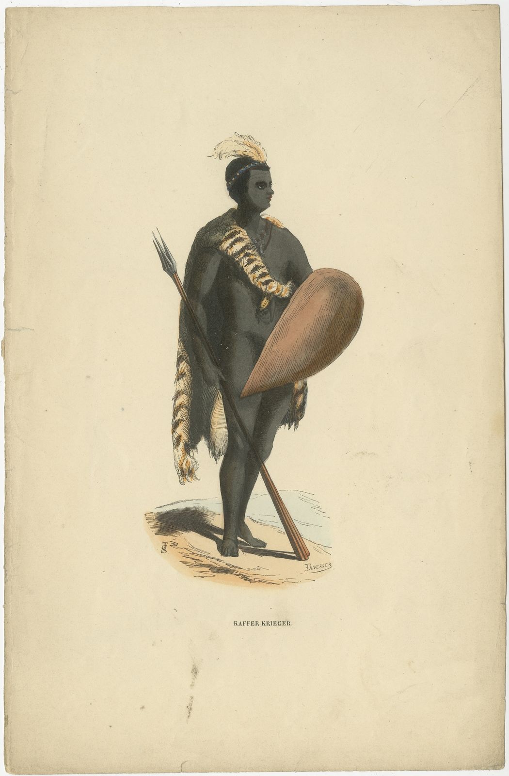 Antique Print Of An African Warrior By Berghaus (C.1845)
