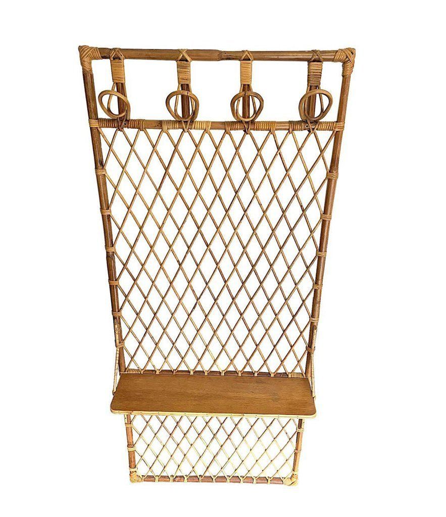 1970s French Riviera Rattan And Bamboo Coat Rack With Wooden Shelf photo Furniture