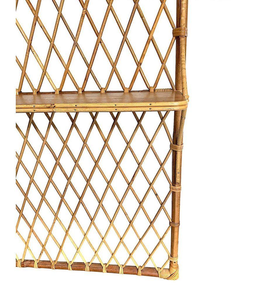 1970s French Riviera Rattan And Bamboo Coat Rack With Wooden Shelf photo vintage