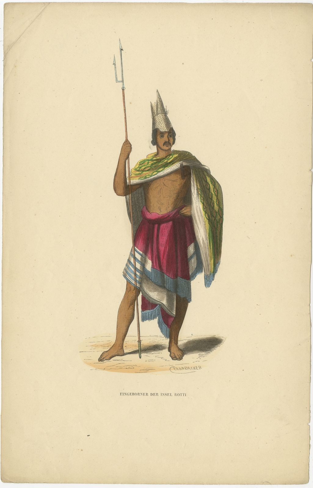 Antique Print Of An Inhabitant Of Rote Island By Berghaus (C.1845)