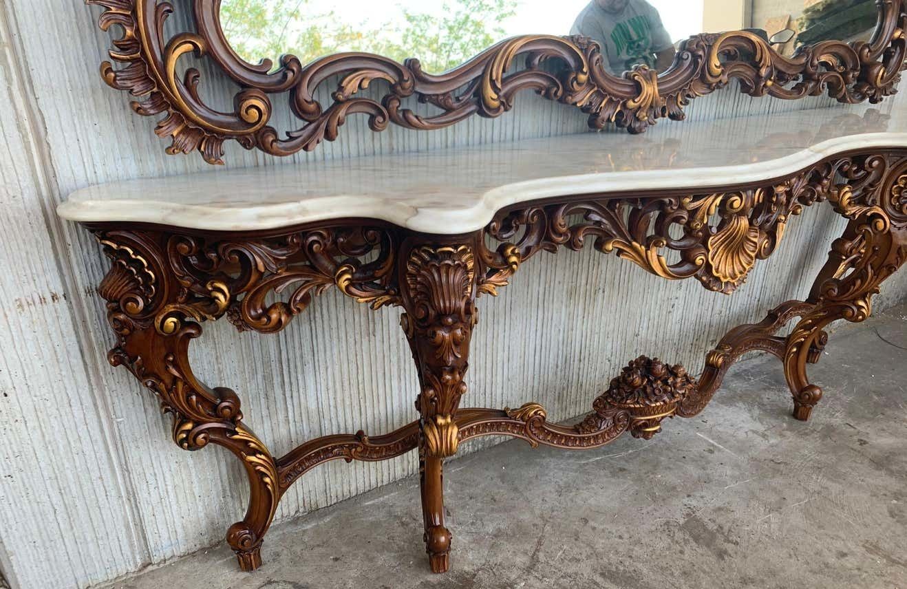 Console baroque espagnole du XXe siècle en noyer sculpté, ormolu et marbre photo furniture