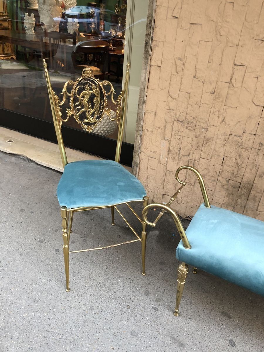 Chiavari Chairs And Vintage Brass Ottoman, 1950s, Set Of 3 photo Furniture