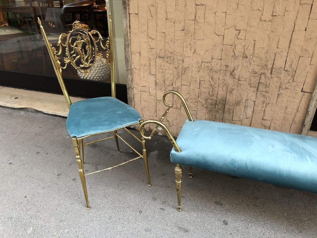 photo furniture Chiavari Chairs And Vintage Brass Ottoman, 1950s, Set Of 3