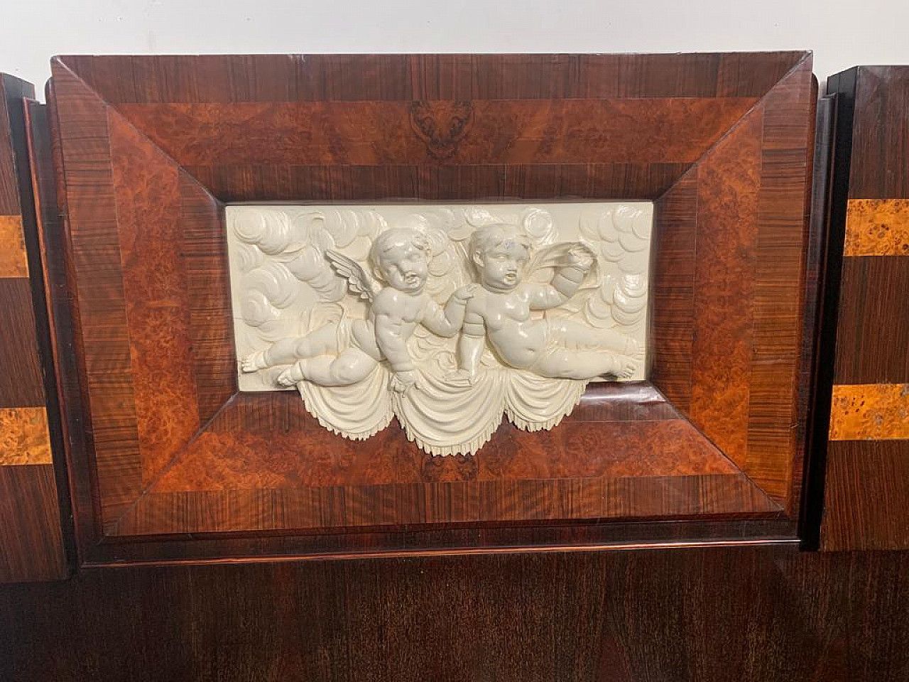 photo furniture Bed And Bedside Tables In Rosewood, Walnut And Carved Cherubs, 20s