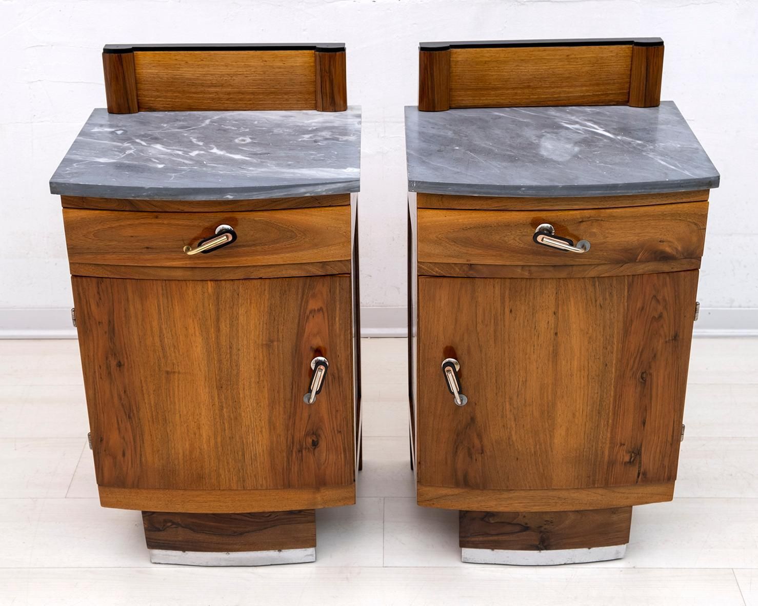 Pair Of Art Dèco Italian Walnut And Grafite Gray Marble Bedside Tables, 1920s photo furniture
