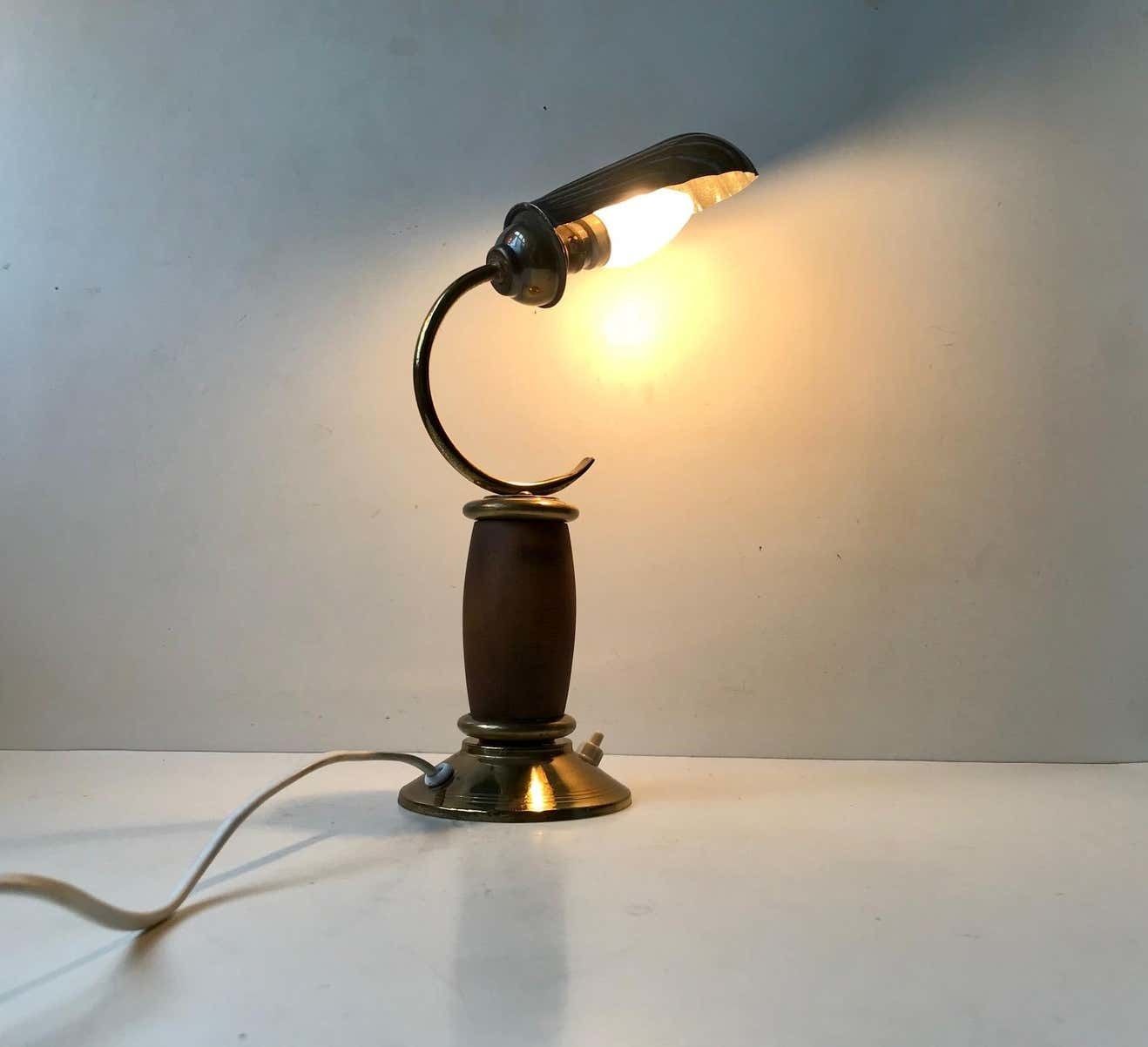 French Art Deco Clam Shell Table Light In Brass And Oak, 1930s photo Lighting