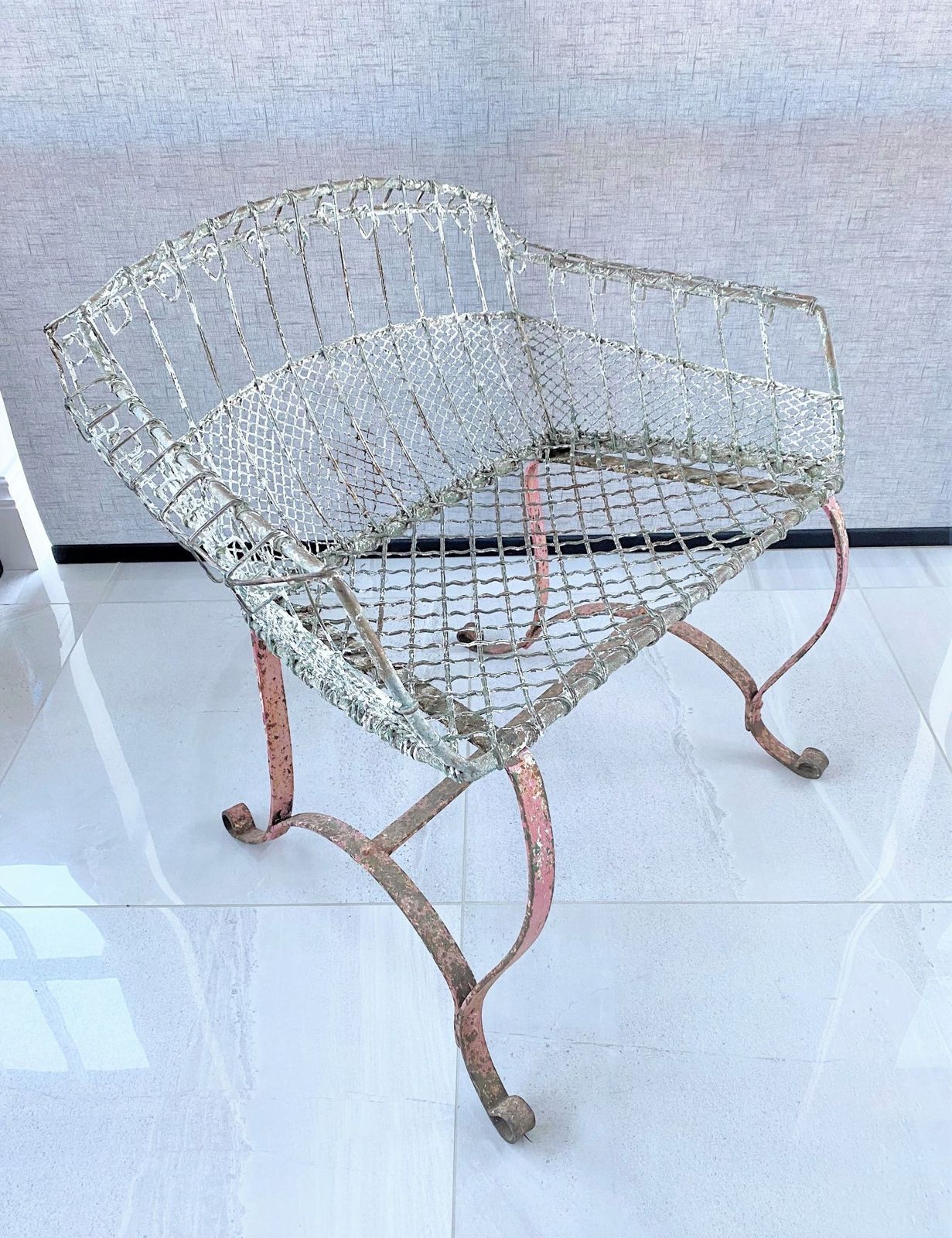 625.0 A Rare 1920s Wirework Garden Seat With Scroll Wrought Iron Feet photo