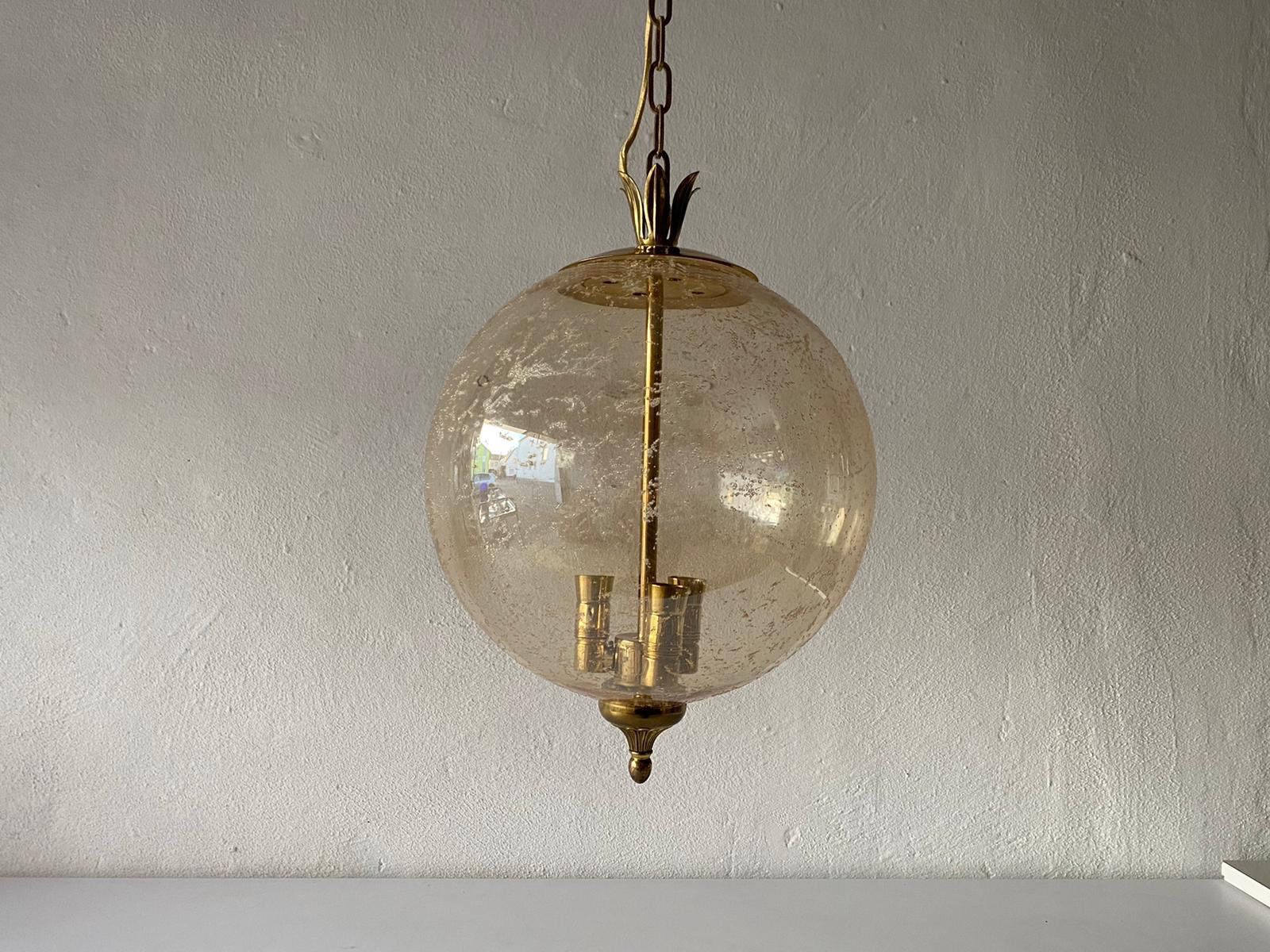 Fantastic Mid Century Modern Smoke Glass Pendant Lamp   Pomegranate Designed Brass Top And Bottom Details, 1960s, Germany